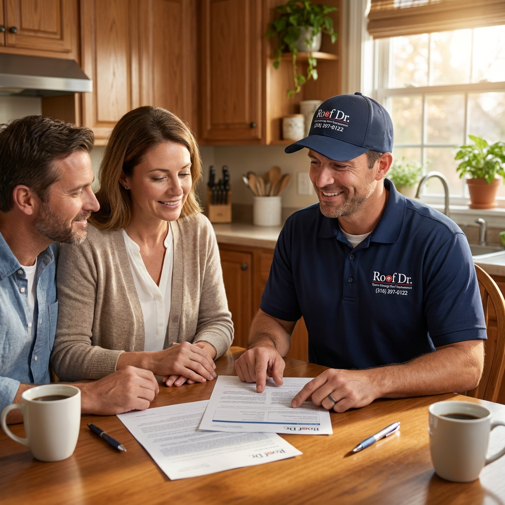 Roof Dr rep reviewing insurance claim with Wichita homeowners